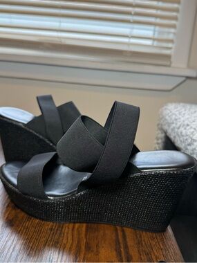 Black Elastic Strap Wedge Platform Sandals